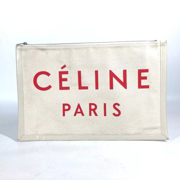CELINE logo Bag Pouch Bicolor Clutch bag Leather/Canvas White/Red - Picture 1 of 12